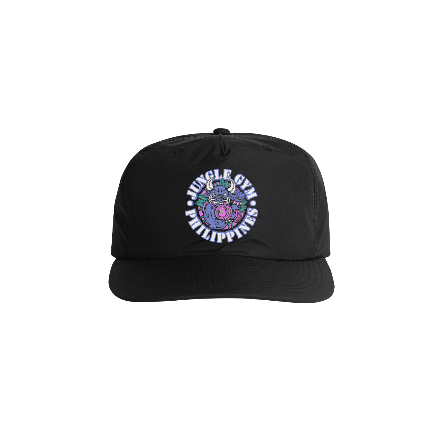 Black cap with colorful logo and text on a white background