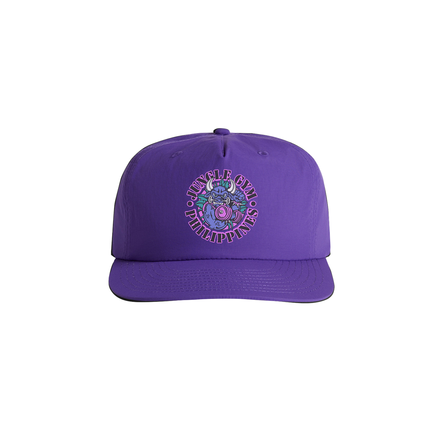 Purple cap with colorful logo on a white background