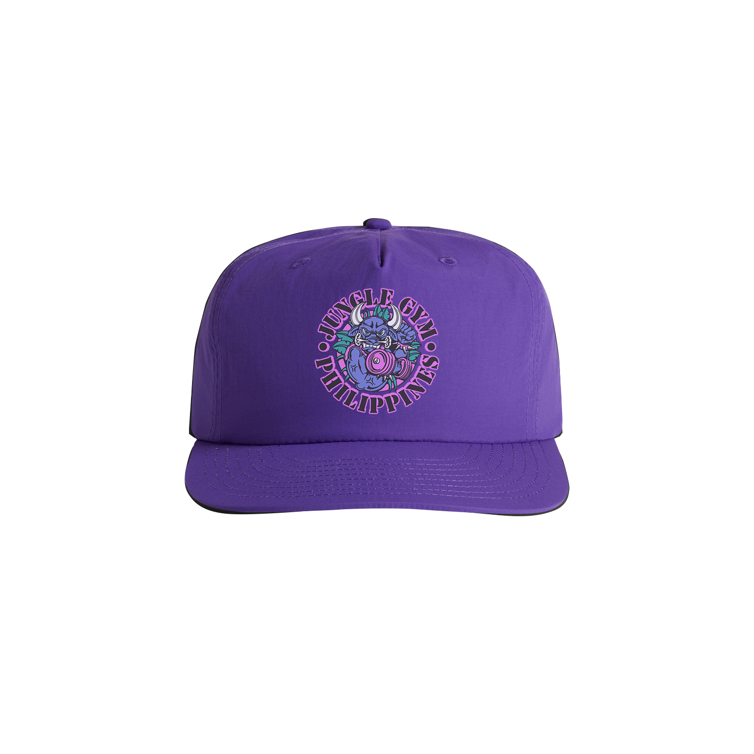 Purple cap with colorful logo on a white background