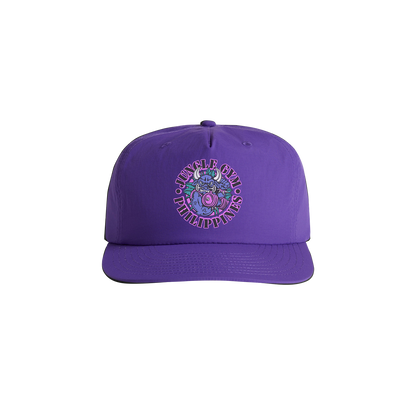 Purple cap with colorful logo on a white background
